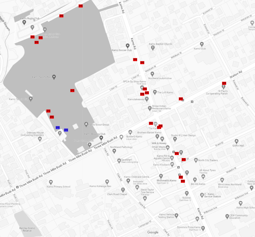 Map of Kamo Village and with locations of existing public seating.